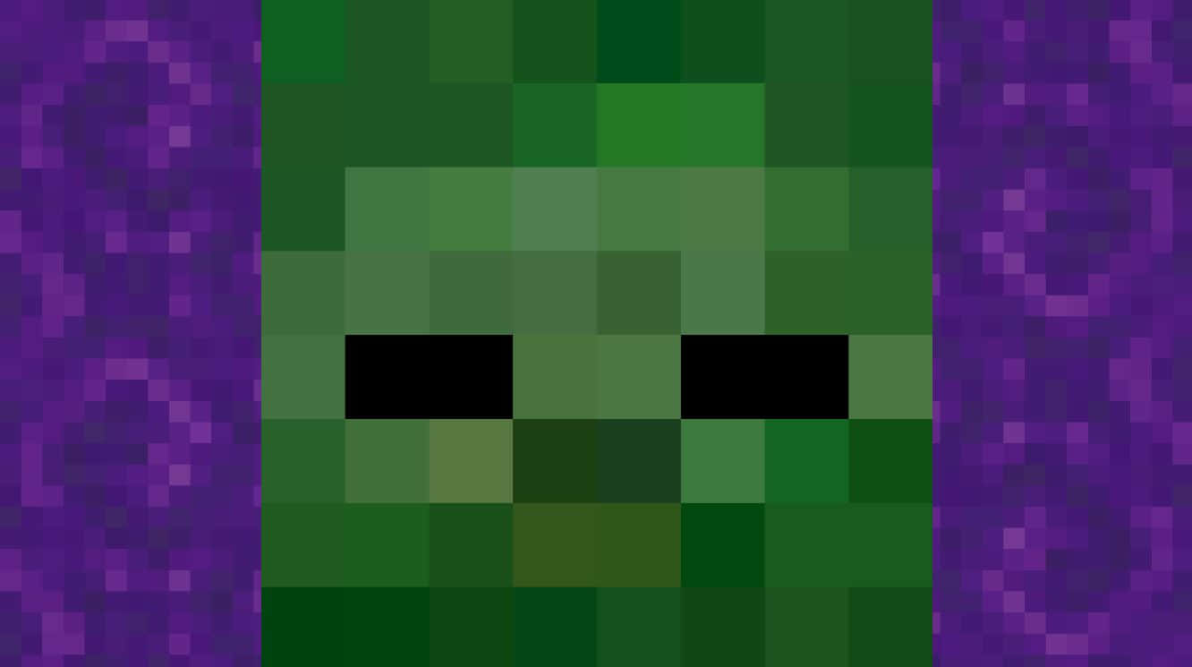 Minecraft Pixel Art 桌布 壁紙 — 一個像素化綠色苦力怕臉孔，帶有黑色眼睛，居中於紫色圖案背景上。