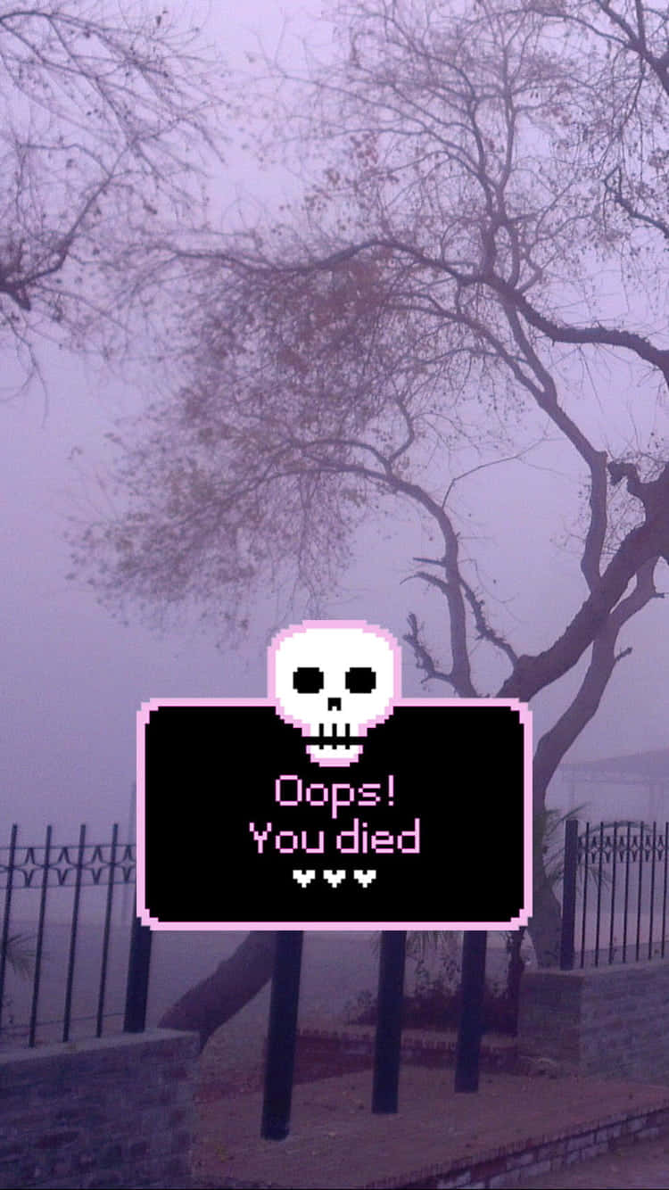 怪核 桌布 壁紙 — 一個像素化遊戲死亡畫面，有一個骷髏頭和「Oops! You died」文字疊加在一個有裸樹和籬笆的霧氣戶外場景上。