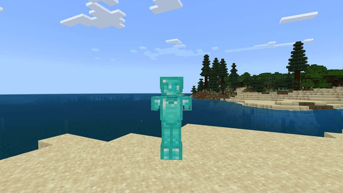 Minecraft Armor 桌布 壁紙 — 一個像素化鑽石盔甲角色站在沙灘上，俯瞰Minecraft中森林覆蓋的海岸和方塊狀雲朵的海洋。