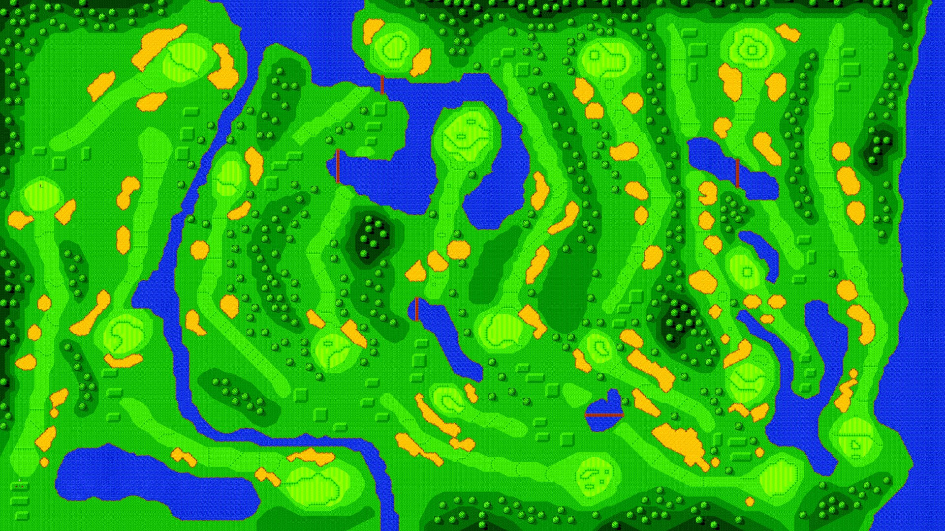 Golfing 桌布 壁紙 — 一個像素化高爾夫球場地圖，帶有綠色球道、藍色水障礙和橙色沙坑，採用復古電玩風格。