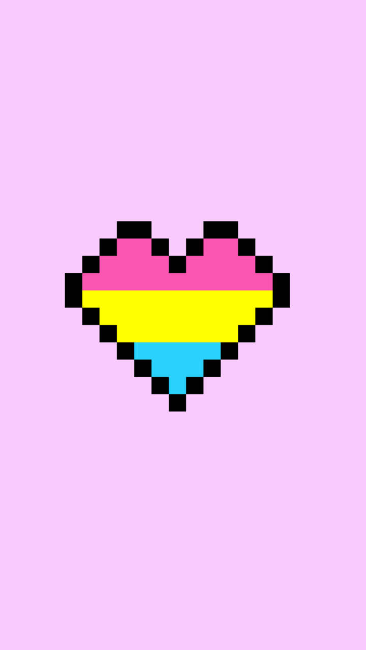 Pansexual 桌布 壁紙 — 一個像素心形，帶有粉紅、黃色和藍色條紋，居中在柔和的粉紅背景上。