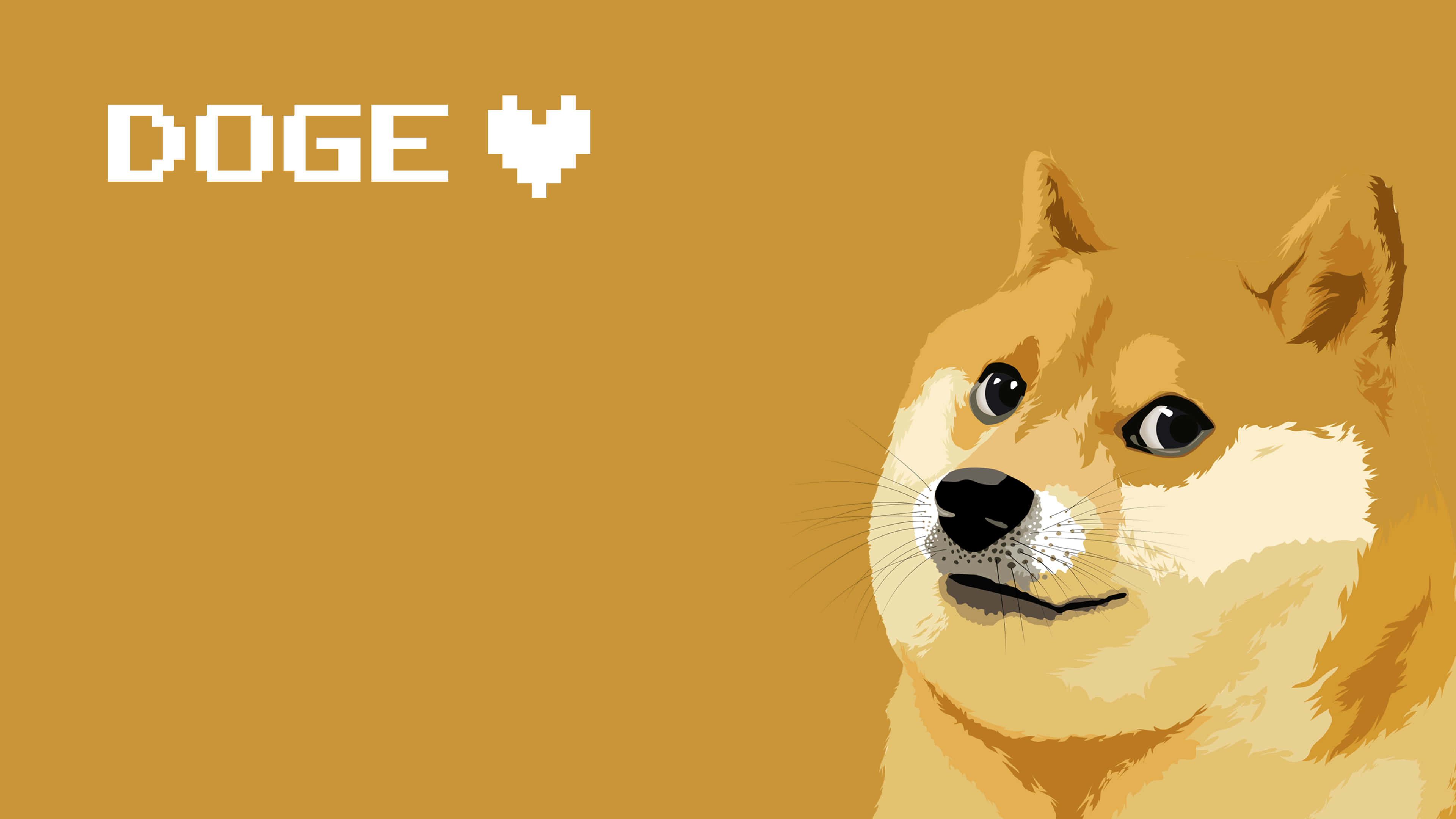 Doge 桌布 壁紙 — 一個像素心形和'DOGE'文字漂浮在柴犬的臉上，背景為純芥末色。