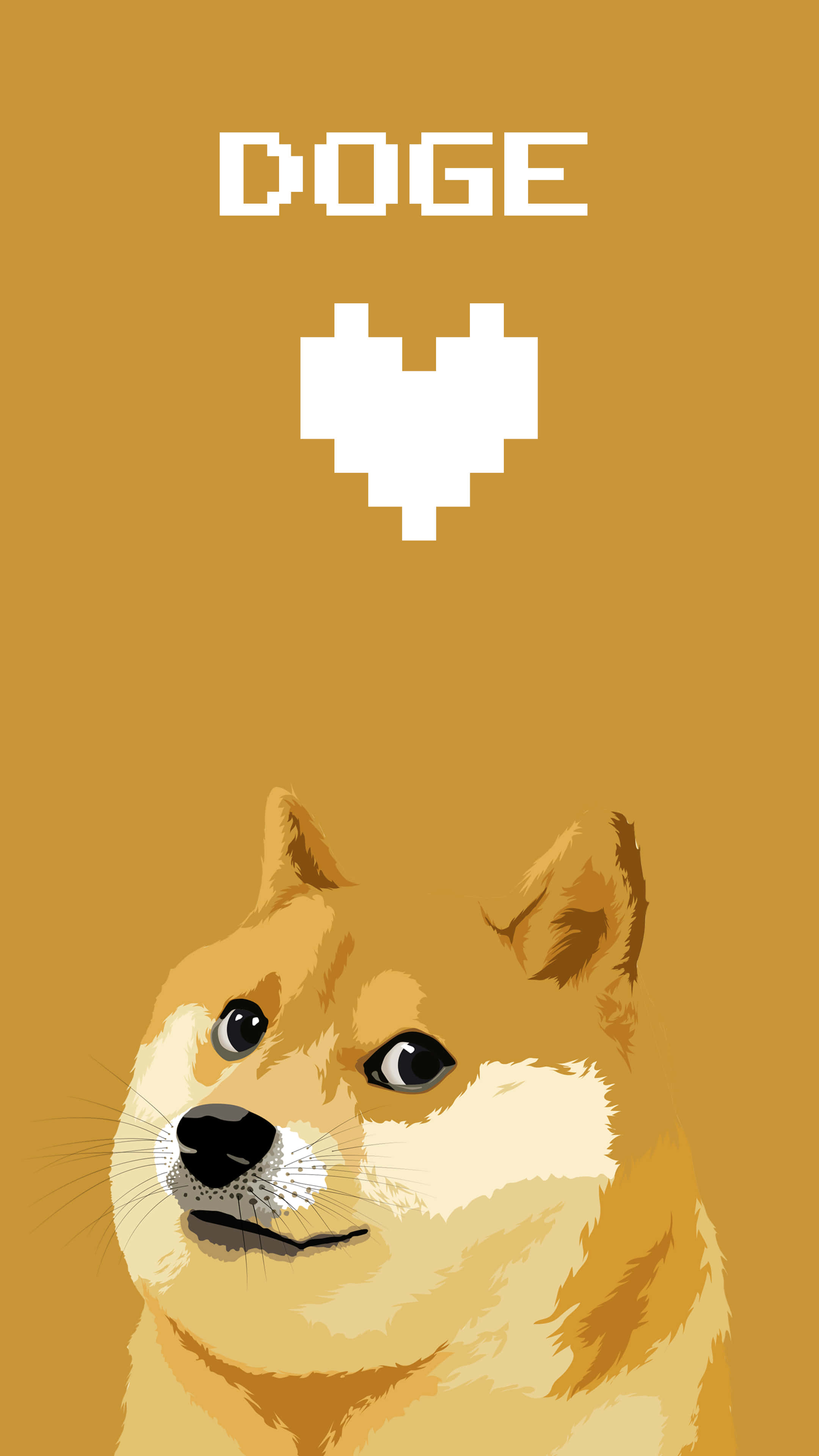 Doge 桌布 壁紙 — 一個像素心形漂浮在柴犬頭頂上方，背景為純芥末色，帶有 'DOGE' 文字。