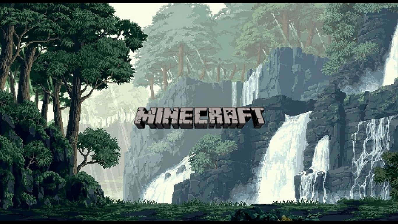 桌布 壁紙 — 一個像素藝術Minecraft景觀，擁有茂密的綠色樹木和從岩石懸崖上傾瀉而下的瀑布。