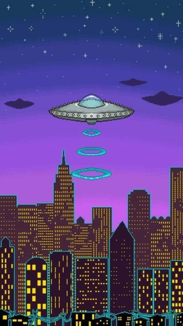 桌布 壁紙 — 一個像素藝術UFO在繁星點點的紫色夜空下盤旋於發光的城市景觀之上。