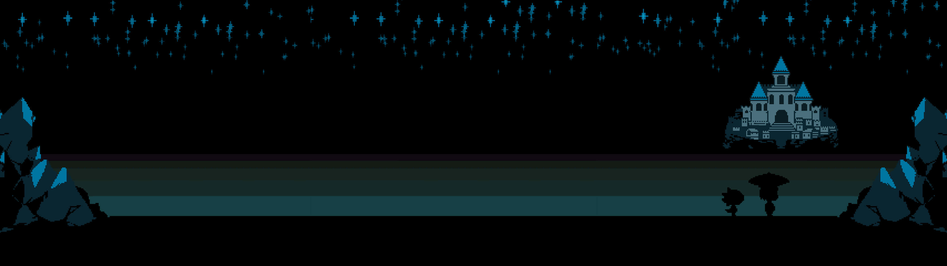 Minimalist Dual Monitor 桌布 壁紙 — 一個像素藝術剪影，一個孤獨的人物撐著傘，在星空下走向遠處的城堡。