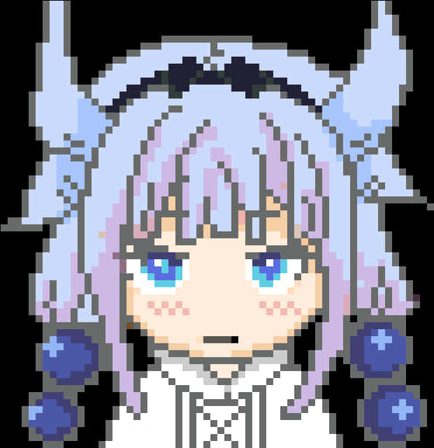 Miss Kobayashis Dragon Maid 桌布 壁紙 — 一個像素藝術動漫女孩，淺藍色頭髮和角，穿著白色服裝，配有藍色圓形飾物。