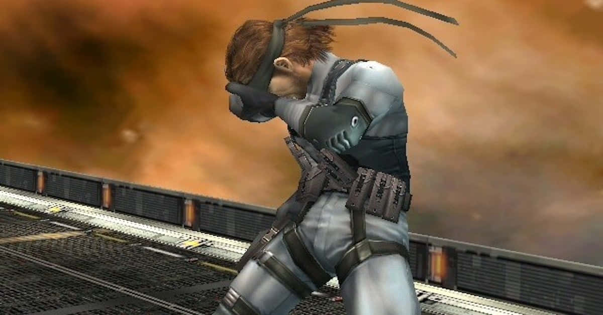 Metal Gear Solid Characters 桌布 壁紙 — 一個像素藝術士兵穿著戰術裝備，在金屬平台上蹲下，背景是火橙色的天空。