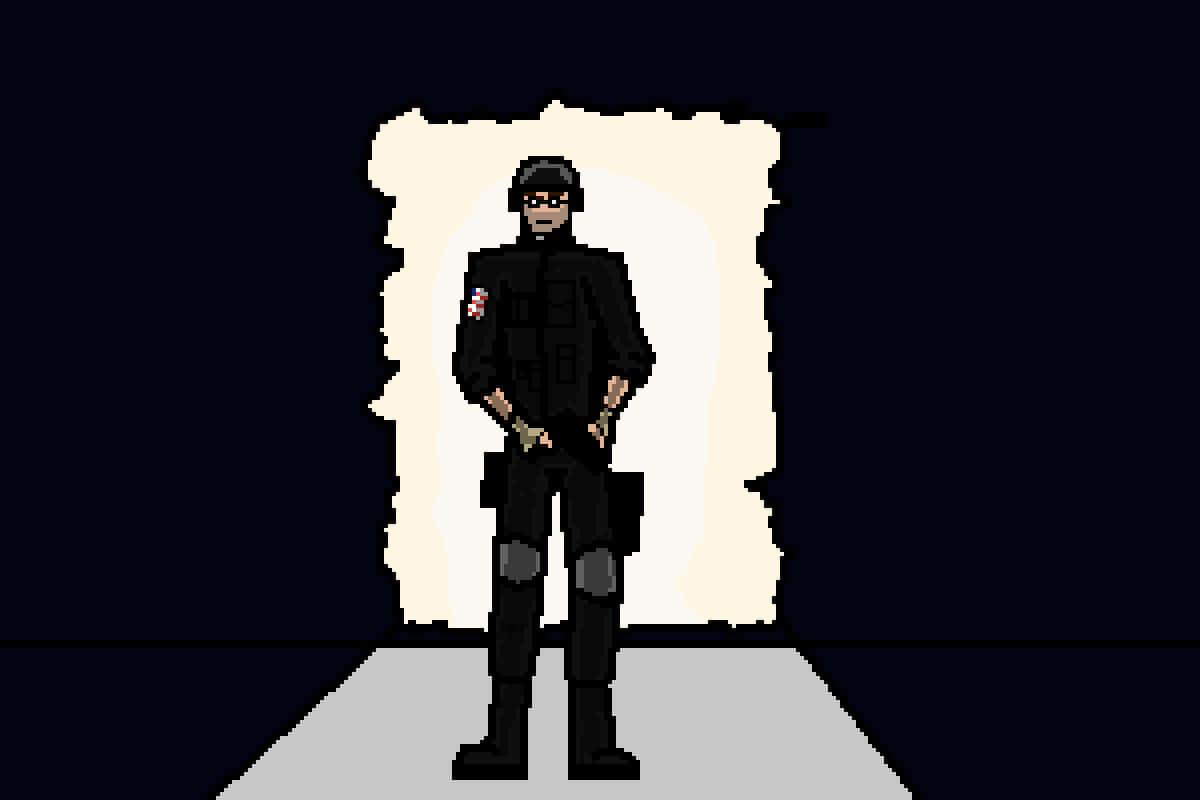 Rainbow Six Siege Thermite 桌布 壁紙 — 一個像素藝術士兵穿著黑色戰術裝備，在黑暗背景下的明亮聚光燈下立正。