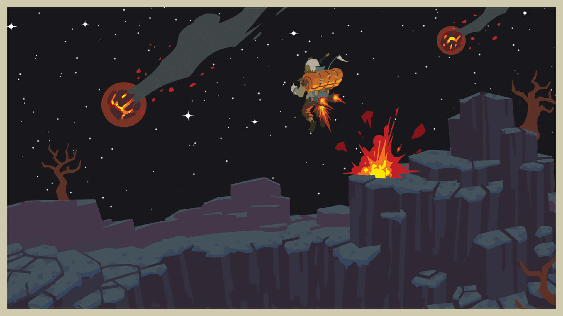Outer Wilds 桌布 壁紙 — 一個像素藝術太空人揹著噴射背包在鋸齒狀懸崖之間跳躍，在星空下，熾熱的流星劃過。