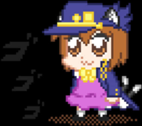 Jojo Menacing 桌布 壁紙 — 一個像素藝術女孩穿著藍色警察制服，帶有黃色徽章和紫色裙子，站在黑色背景前。