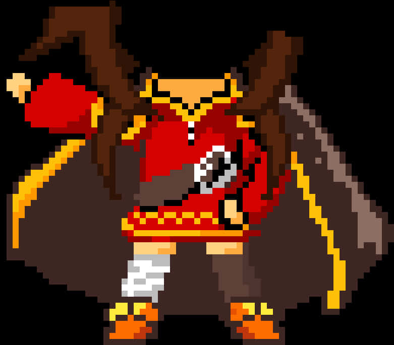 Megumin 桌布 壁紙 — 一個像素藝術戰士，身穿紅色盔甲，帶有棕色翅膀和黃色點綴，在黑色背景上動態站立。