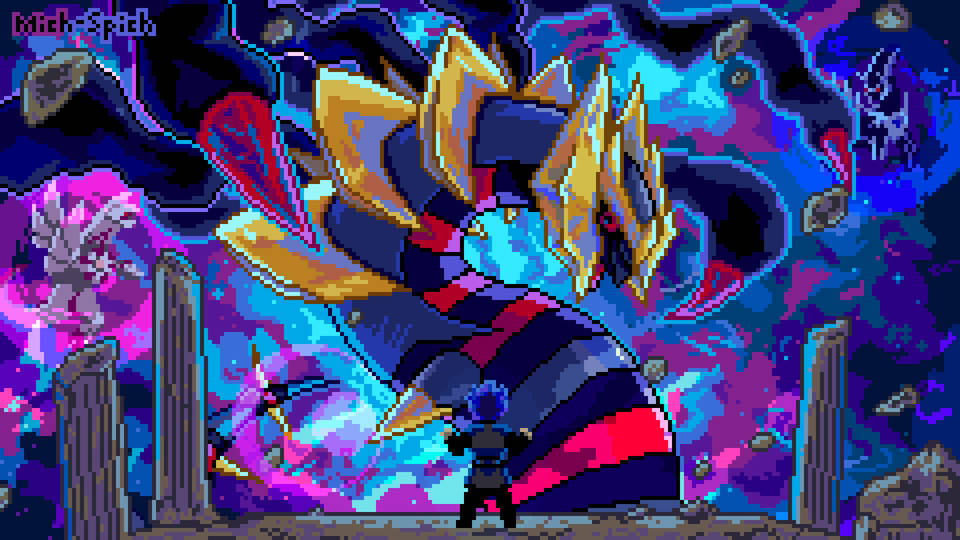 Giratina 桌布 壁紙 — 一個像素藝術戰士在紫色、藍色和金色的宇宙風暴中面對一條巨大的龍。