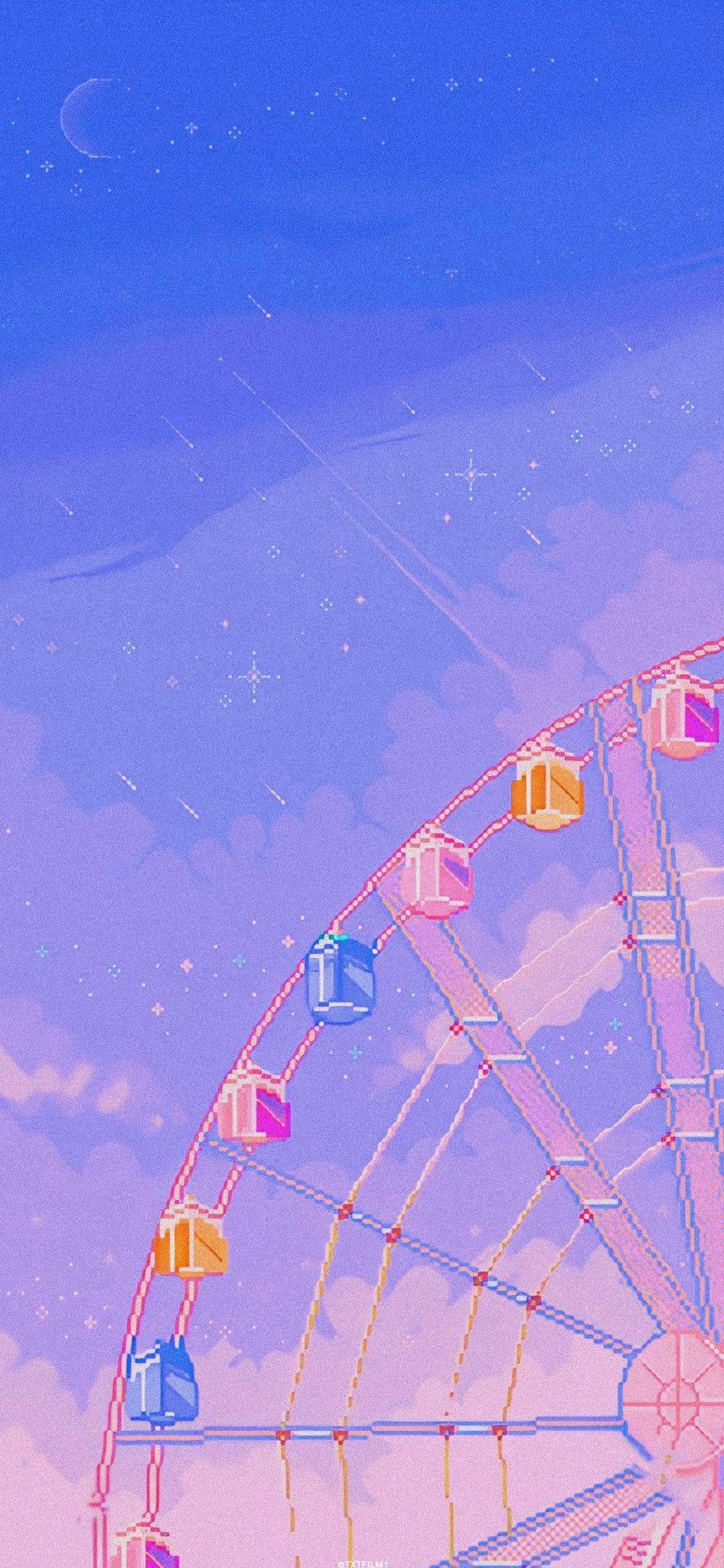 80s Anime Aesthetic 桌布 壁紙 — 一個像素藝術摩天輪在帶有新月和流星的淡紫色天空下發光。