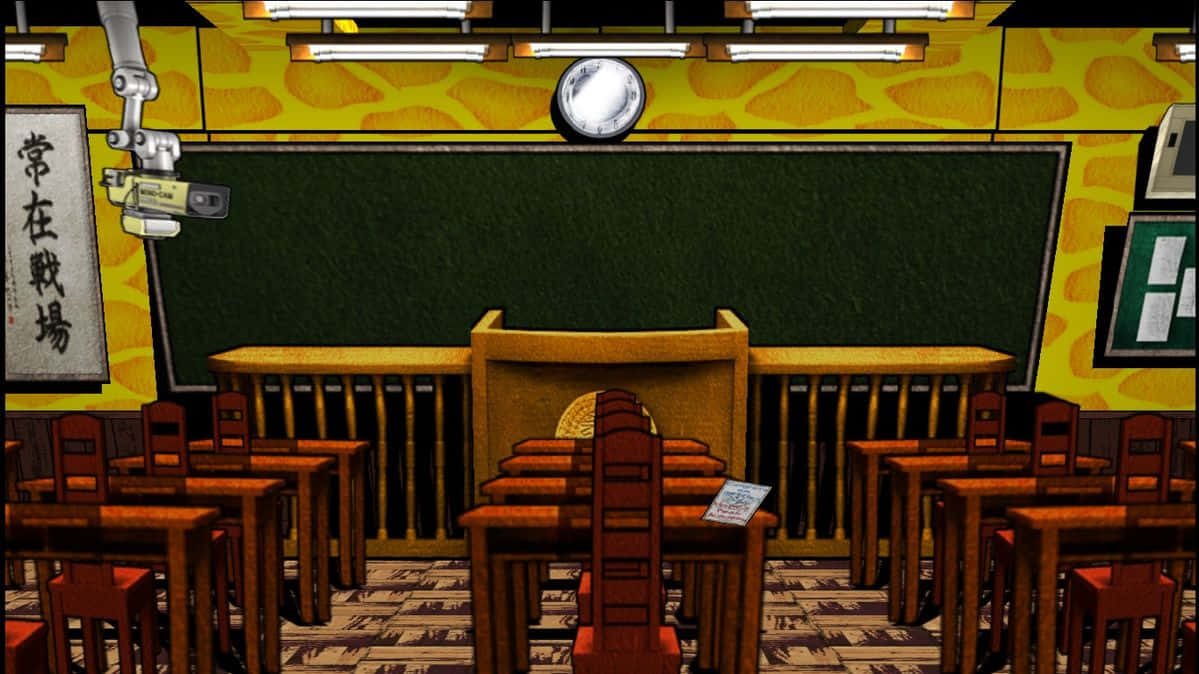 Danganronpa 桌布 壁紙 — 一個像素藝術教室，有木製桌椅、綠色黑板和黃色長頸鹿圖案牆壁，在螢光燈下。
