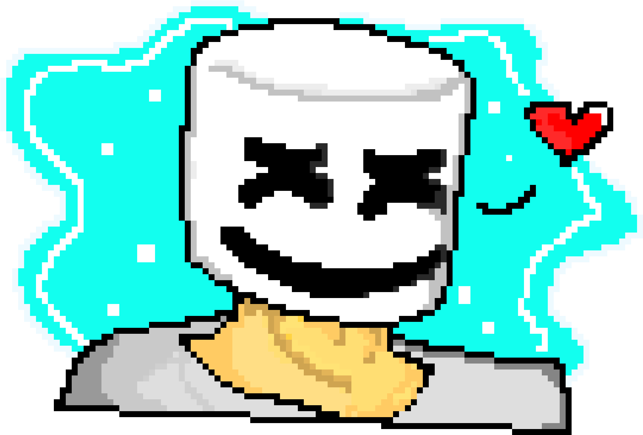 Marshmello 動態圖 桌布 壁紙 — 一個像素藝術棉花糖角色，有青色頭髮和紅色心形，在黑色背景上微笑。