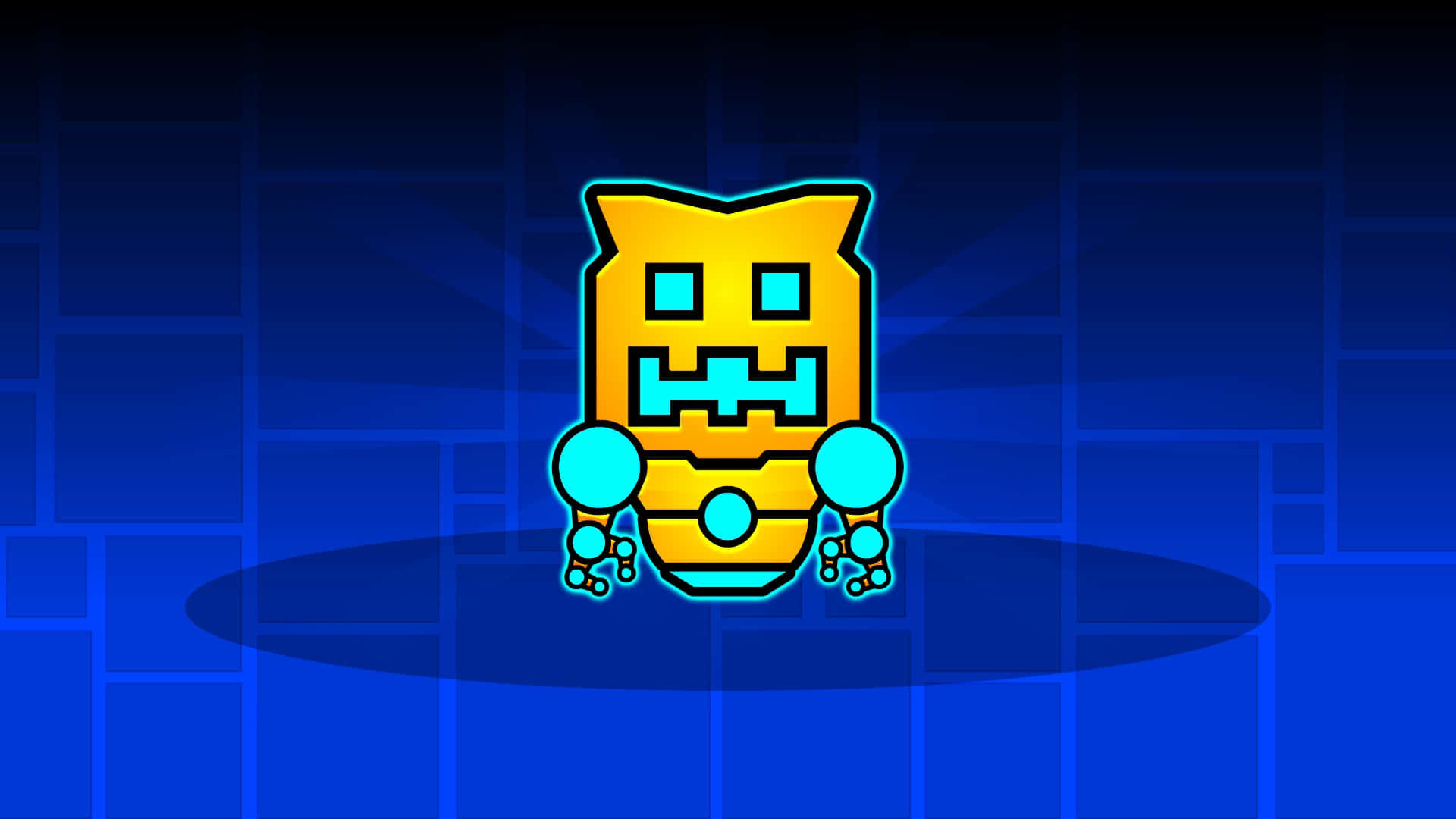 Geometry Dash 桌布 壁紙 — 一個像素藝術機器人，帶有發光的青色眼睛和四肢，站在深藍色網格背景上。