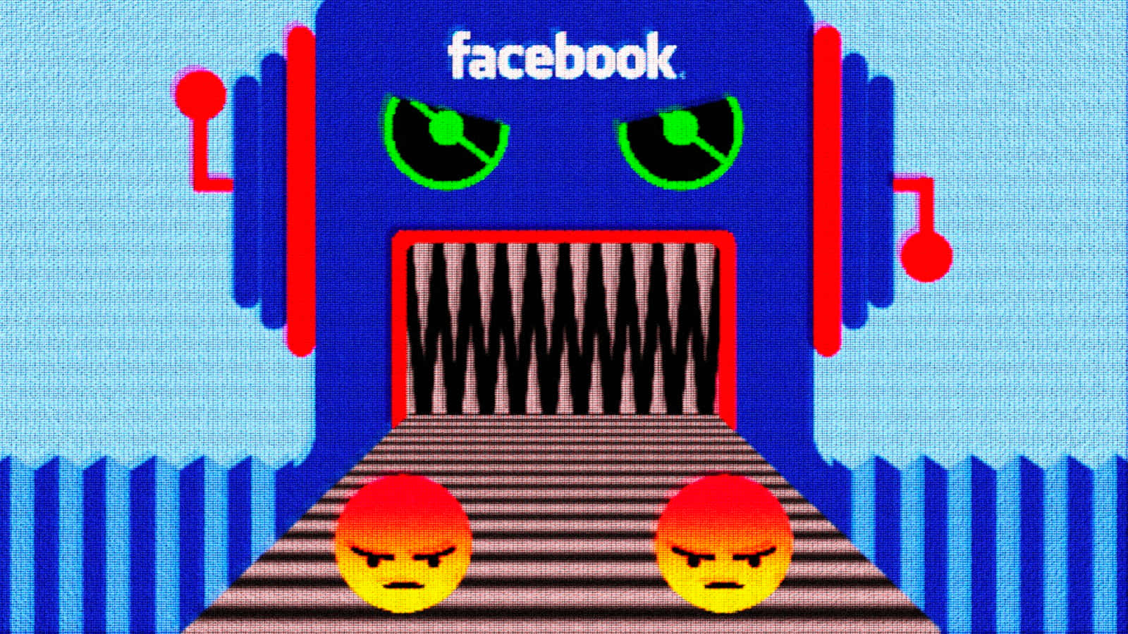 Facebook 桌布 壁紙 — 一個像素藝術機器人，有著發光的綠色眼睛和鋒利的牙齒，在條紋路徑上籠罩著兩個憤怒的表情符號面孔。