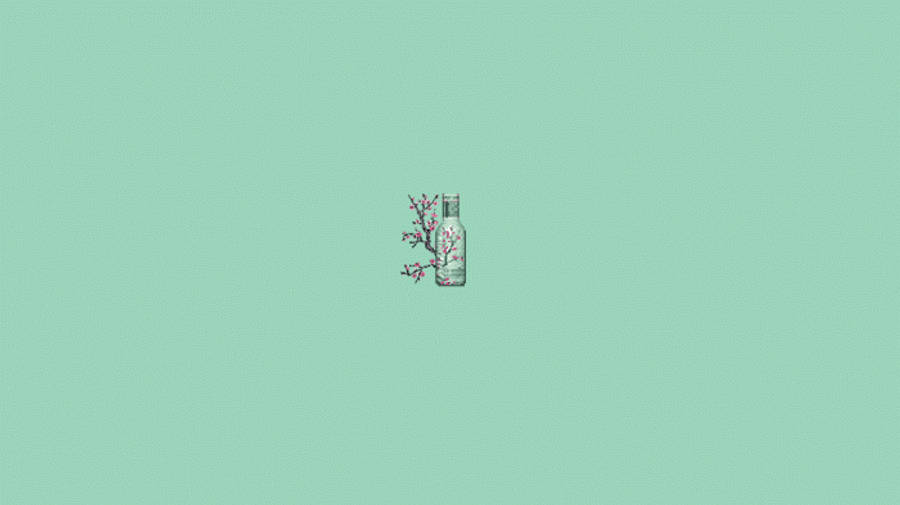 Sakura 桌布 壁紙 — 一個像素藝術瓶子，粉紅色的櫻花從瓶頸綻放，背景是純薄荷綠色。