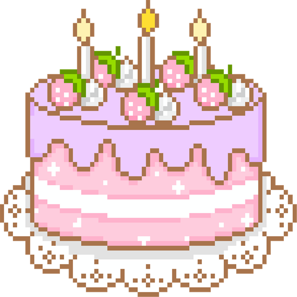 Cute Pixel 桌布 壁紙 — 一個像素藝術生日蛋糕，上面有粉紅色糖霜蠟燭和草莓，放在蕾絲墊上。
