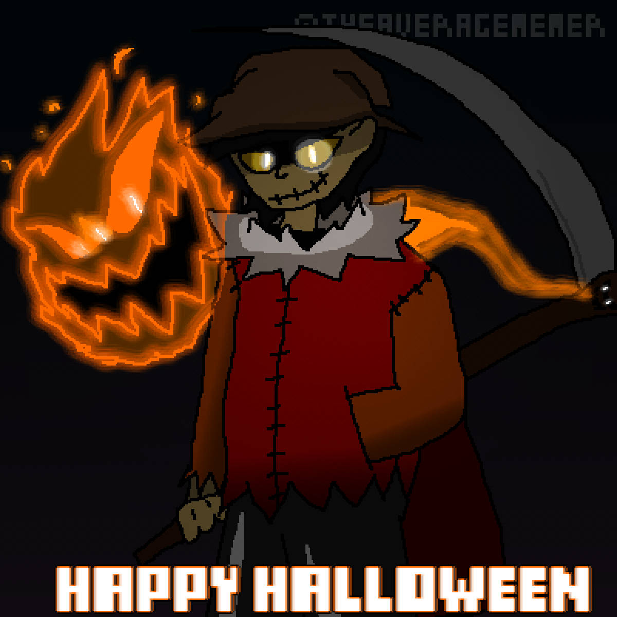 像素藝術稻草人手持燃燒的傑克南瓜燈，上面有「Happy Halloween」字樣。 — 死神動圖 壁紙