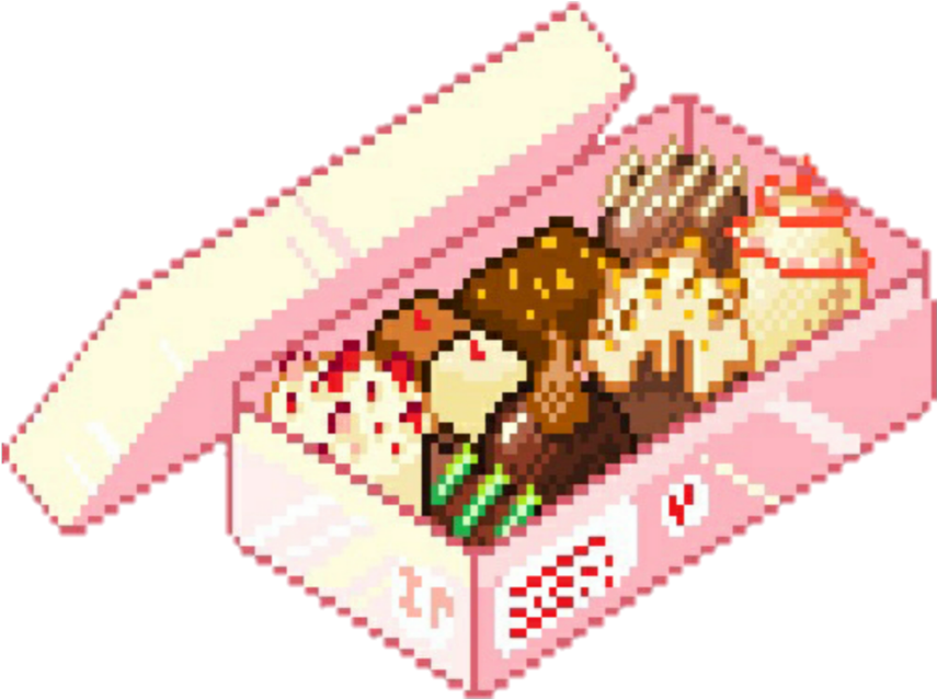 Cute Pixel 桌布 壁紙 — 一個像素藝術等距盒子，裝滿了各種甜點，如蛋糕和冰淇淋，採用粉彩粉紅色調。
