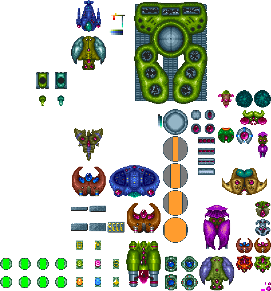 enemy 桌布 壁紙 — 一個像素藝術精靈圖表，包含色彩繽紛的外星生物和遊戲素材，背景為黑色。