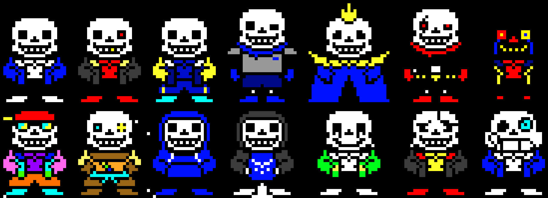 Undertale Sans 桌布 壁紙 — 一個像素藝術網格，包含十六個不同的骷髏角色，穿著多樣的服裝和表情，背景為黑色。
