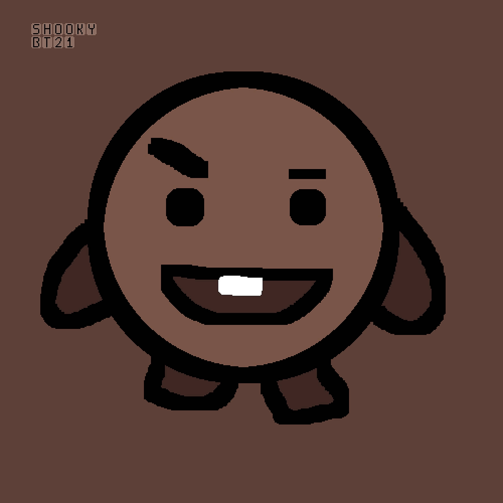 shooky bt21 桌布 壁紙 — 一個像素藝術角色，帶著頑皮的笑容和揚起的一條眉毛，站在純棕色背景前。