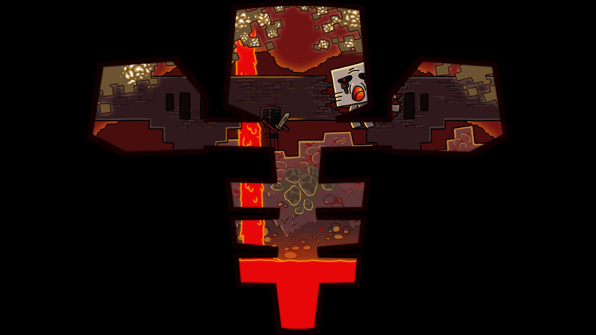 Minecraft Wither Boss 桌布 壁紙 — 一個像素藝術角色，臉上帶著尖叫的表情，站在一個燃燒的塊狀結構上，背景是黑暗的。