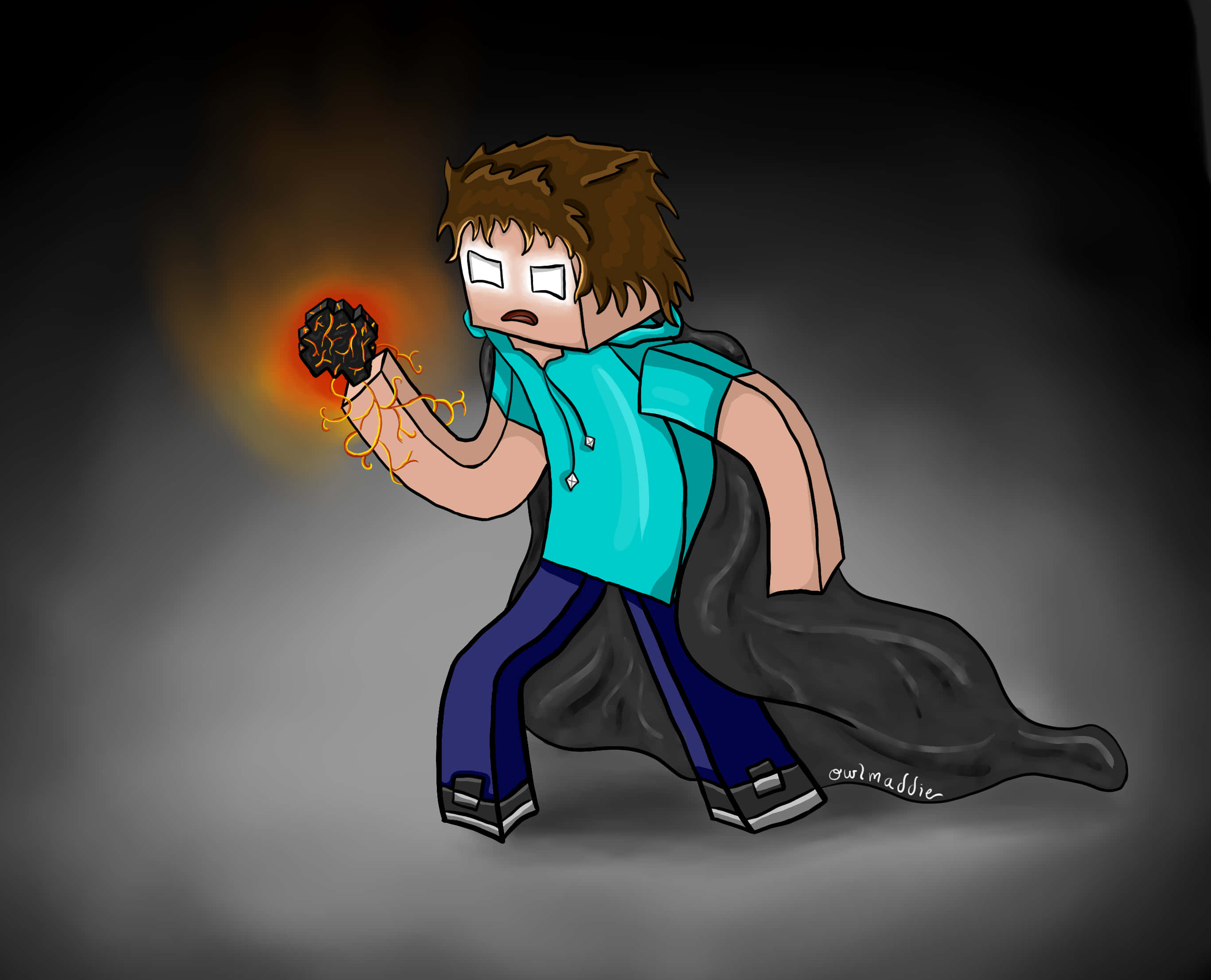Herobrine 桌布 壁紙 — 一個像素藝術角色，身穿青綠色連帽衫和黑色斗篷，在黑暗煙霧背景中手持發光的火焰球體。