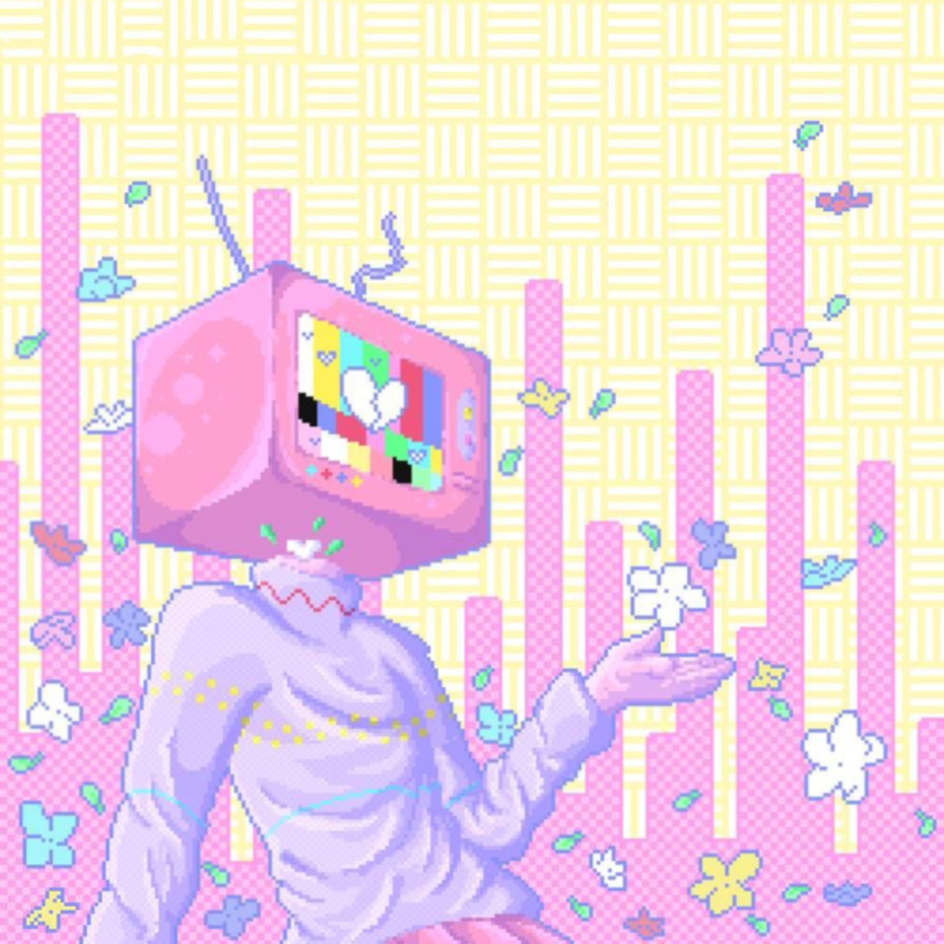 tv 桌布 壁紙 — 一個像素藝術角色，頭部是一個粉紅色電視機，螢幕上顯示一顆破碎的心，周圍環繞著漂浮的花朵和粉彩條。