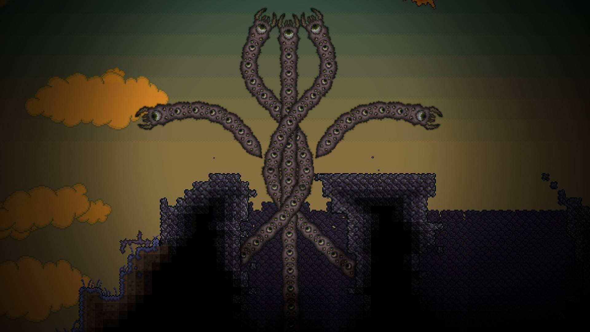 Terraria Moon Lord 桌布 壁紙 — 一個像素藝術觸手怪物，有多隻眼睛，從黑暗廢墟中升起，背景是帶有橙色雲彩的暮色天空。