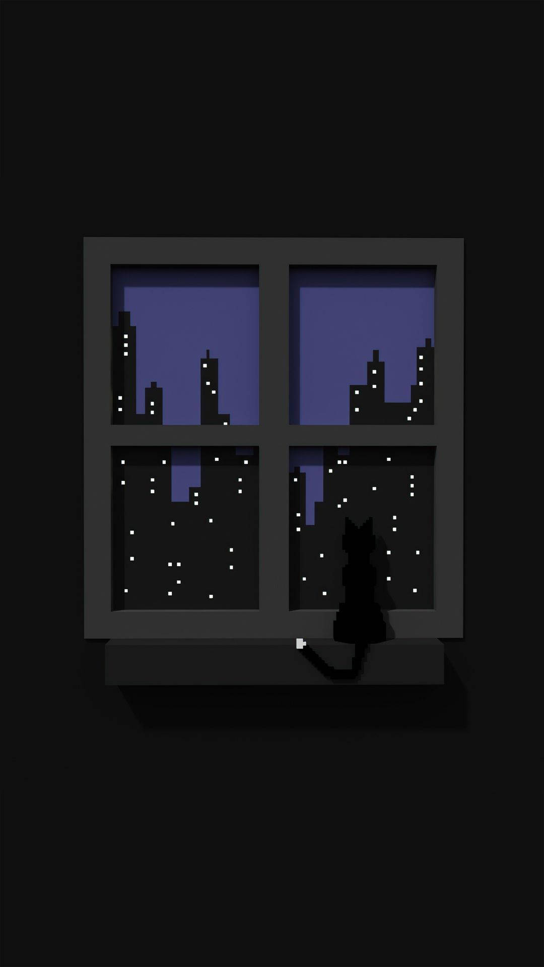Best Dark 桌布 壁紙 — 一個像素藝術貓剪影坐在窗台上，透過四格窗戶凝視著星空夜景。