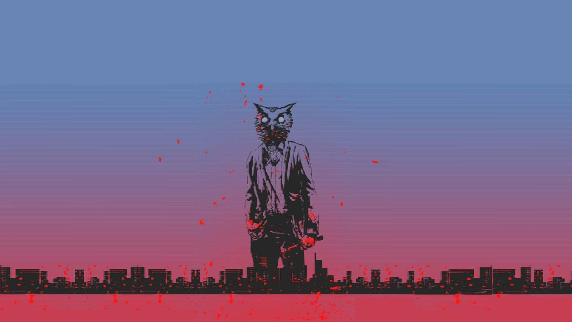 Hotline Miami 桌布 壁紙 — 一個像素藝術貓頭鷹頭人物站在城市天際線上，背景是帶有紅色飛濺的漸變日落天空。