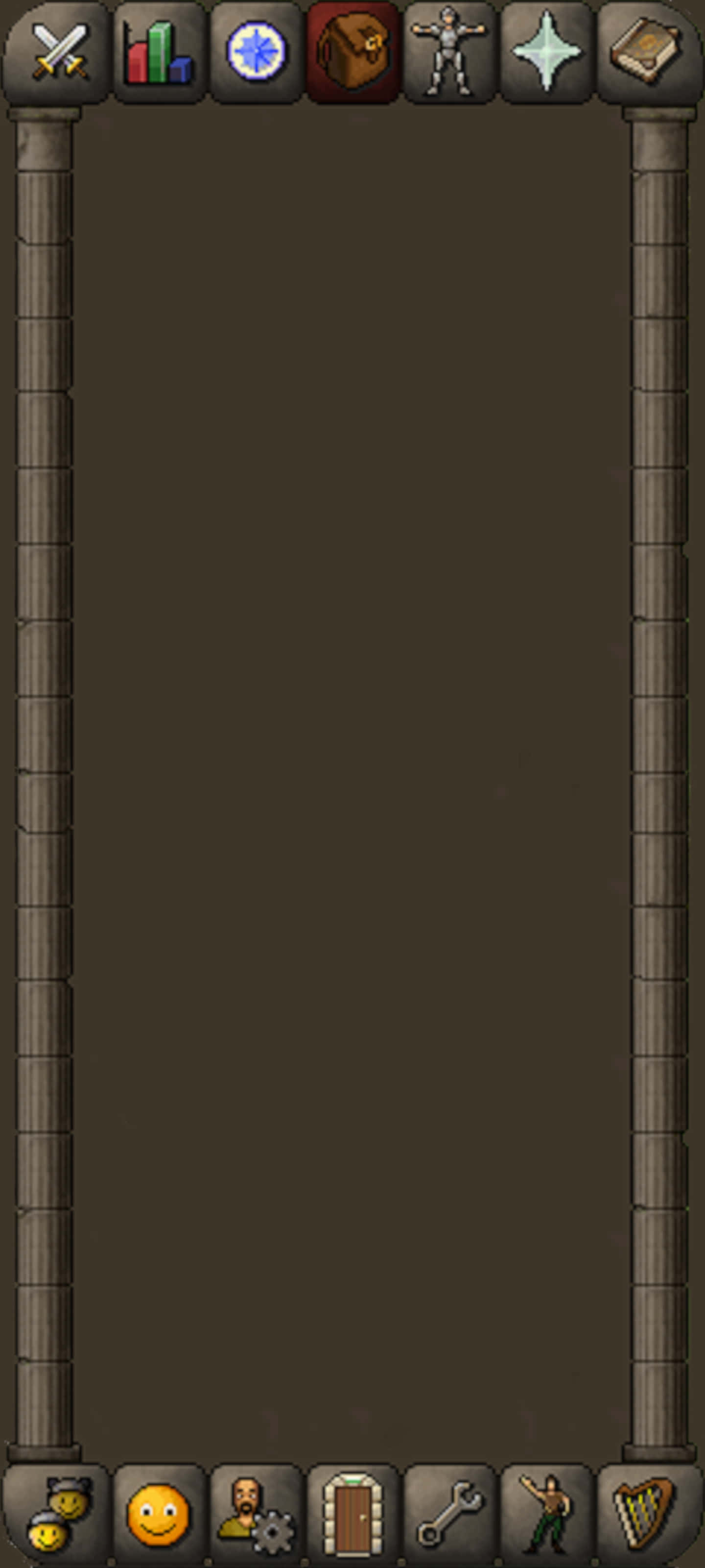 iPhone X Runescape 桌布 壁紙 — 一個像素藝術遊戲介面，石柱框住深棕色遊戲區域，並有統計和動作圖示。