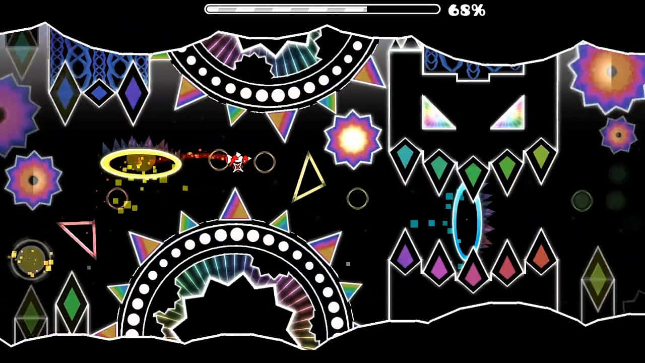 Geometry Dash 桌布 壁紙 — 一個像素藝術遊戲場景，一個小角色在黑色背景上躲避色彩繽紛的幾何障礙物。