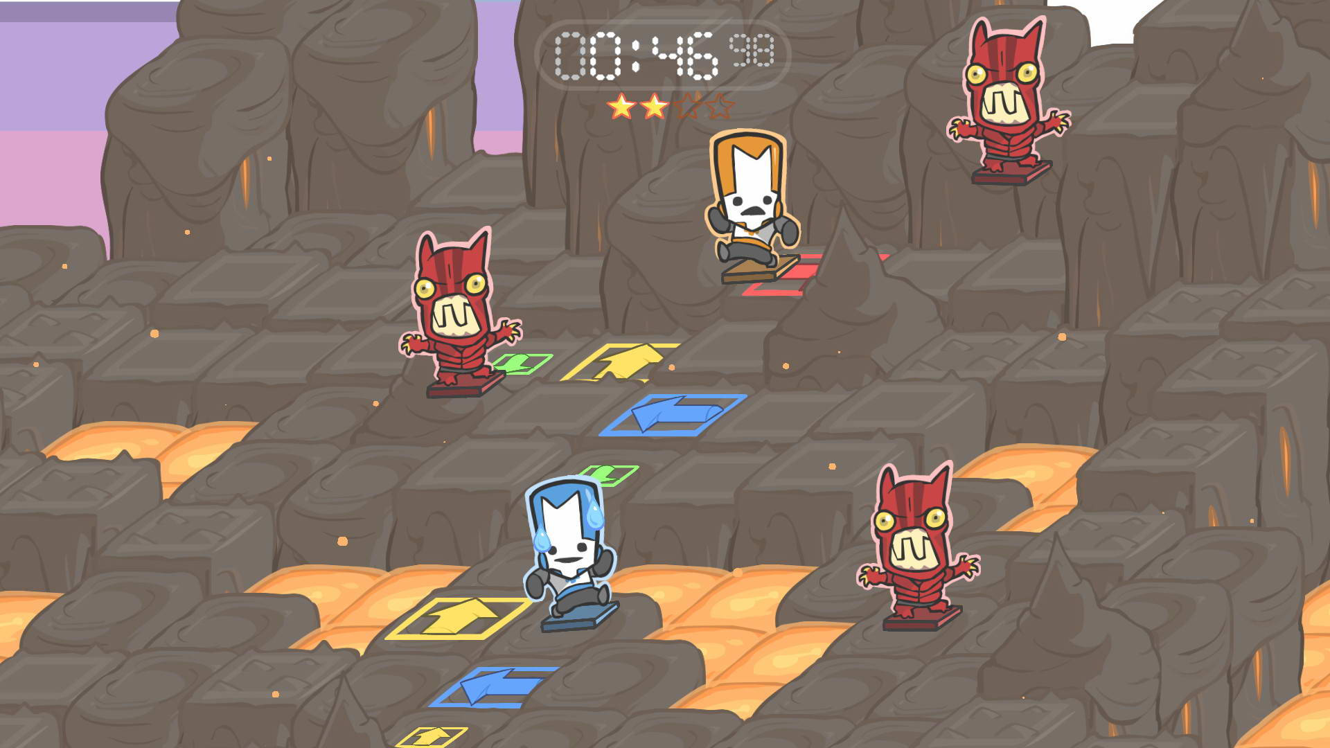 Castle Crashers 桌布 壁紙 — 一個像素藝術遊戲場景，有藍色和紅色角色在岩石路徑上使用方向箭頭和計時器導航。