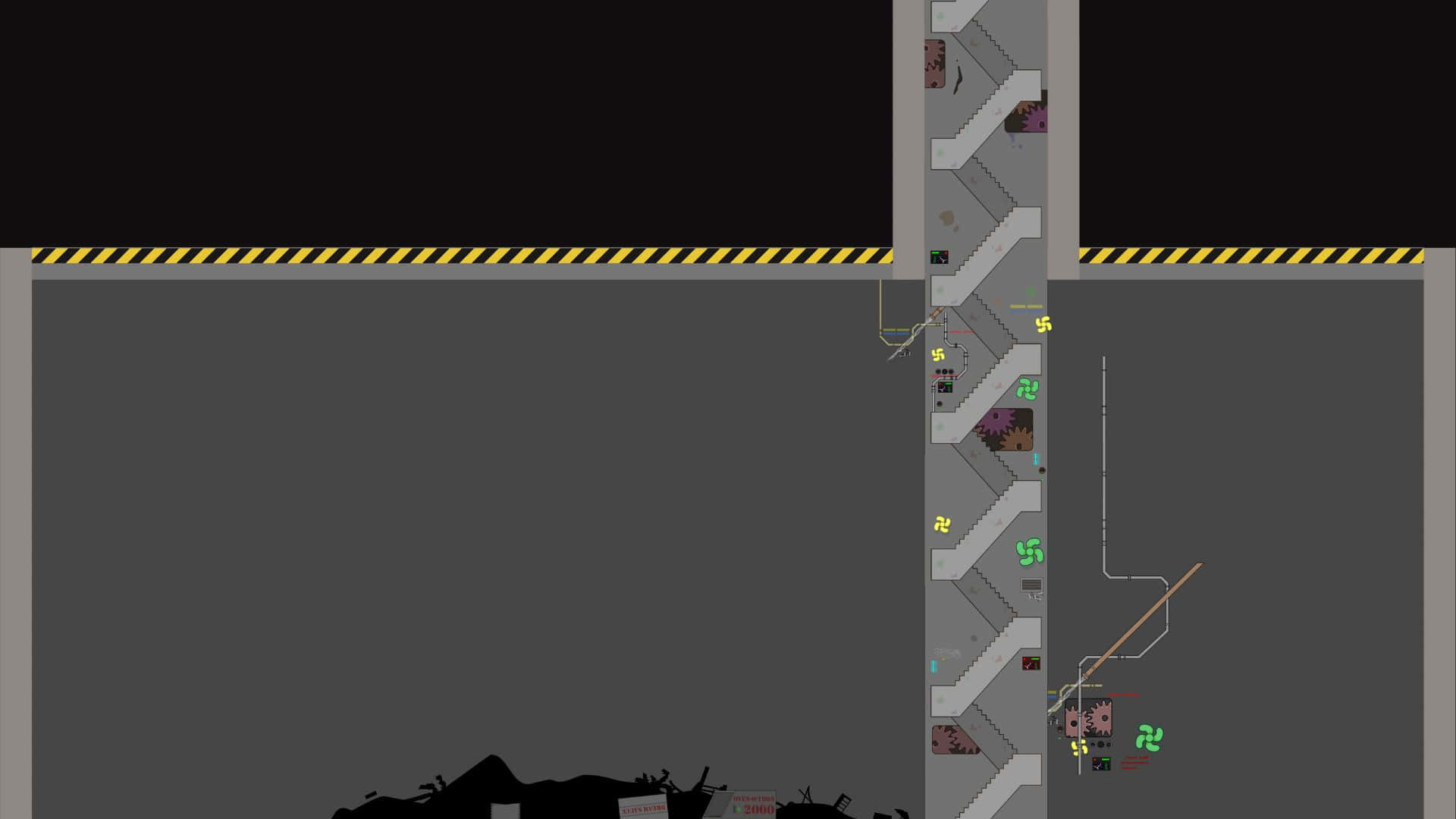 Bfdi 桌布 壁紙 — 一個像素藝術遊戲場景，顯示一個垂直樓梯，上面有發光的綠色和紫色物品，背景為深灰色，帶有黃黑相間的危險條紋。