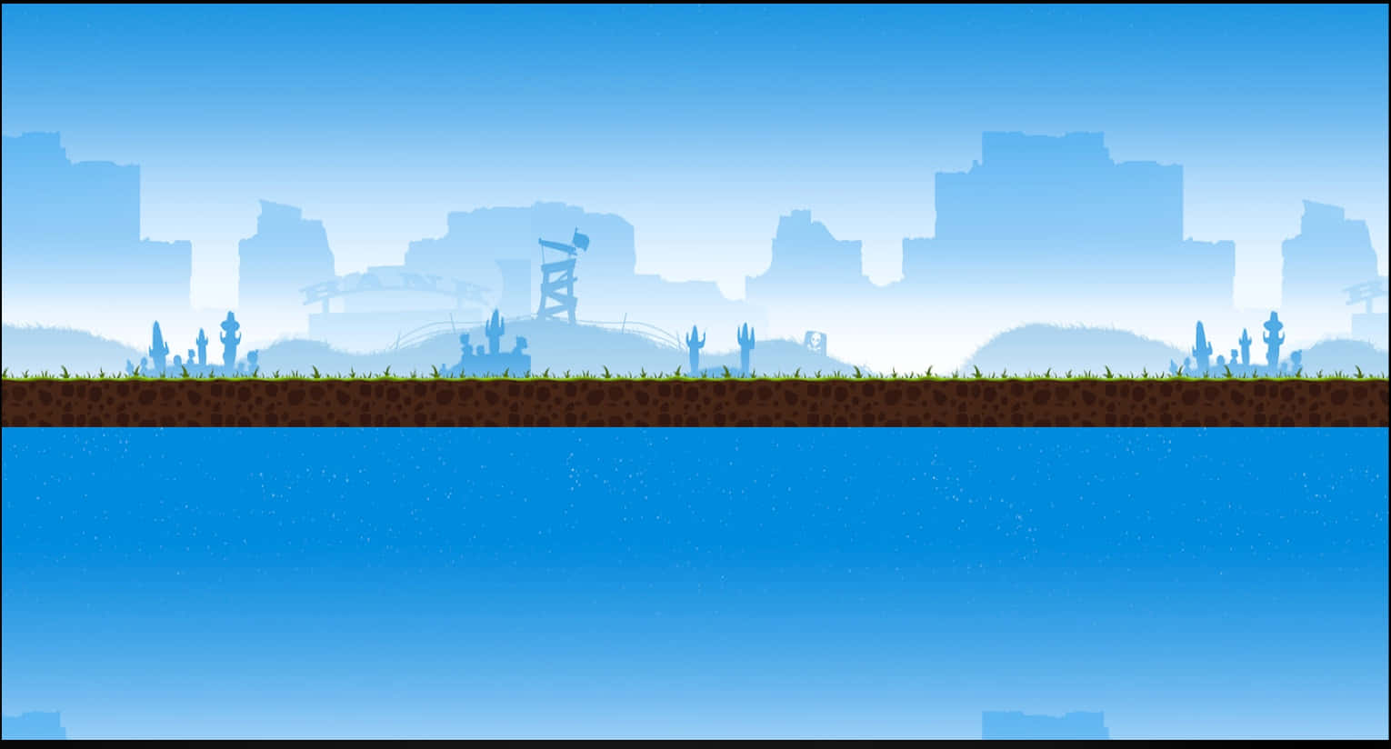Parallax 桌布 壁紙 — 一個像素藝術遊戲場景，顯示藍天與遠處城市剪影，下方是棕色泥土和藍色水面。