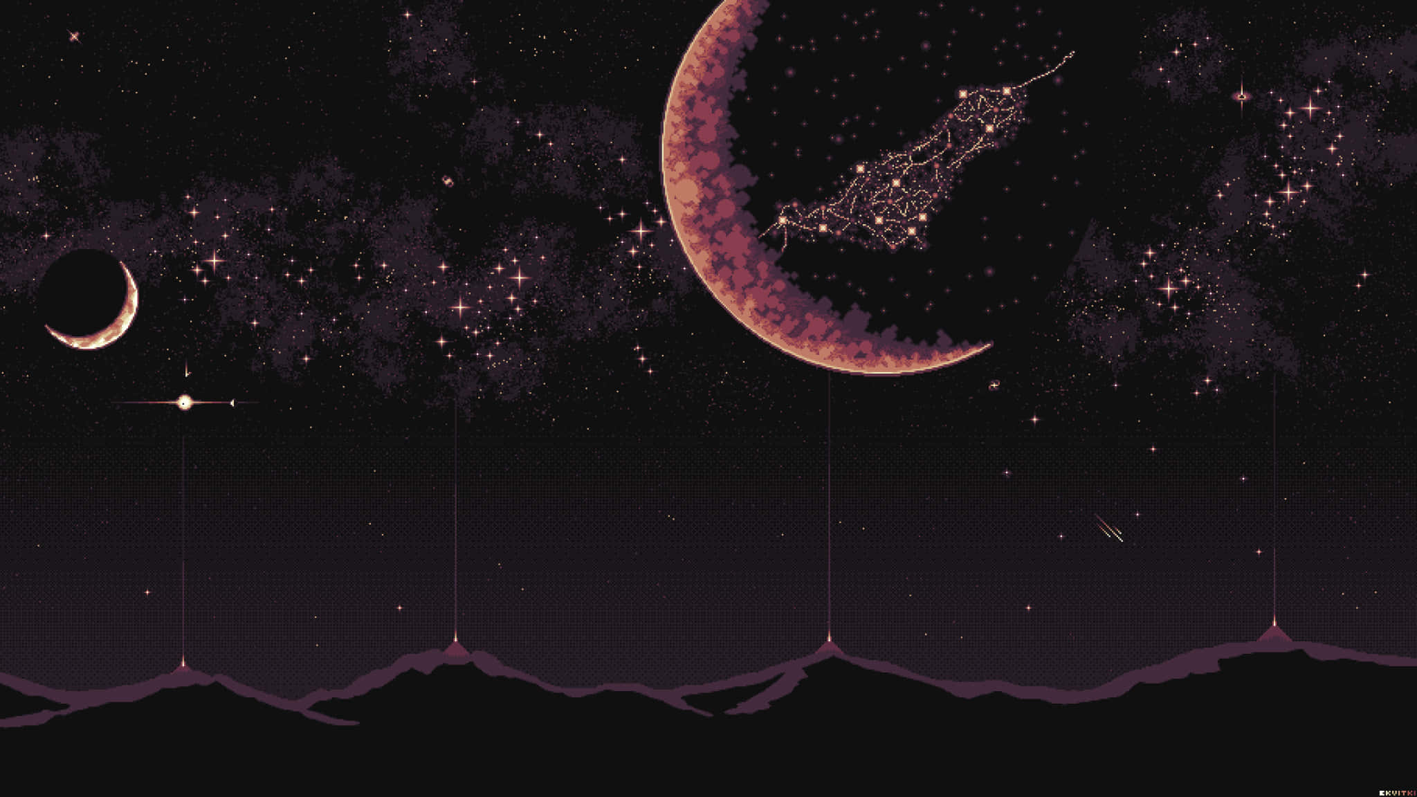 桌布 壁紙 — 一個像素藝術風格的夜空，有兩個新月和一個發光的星座，位於鋸齒狀的紫色山脈之上。