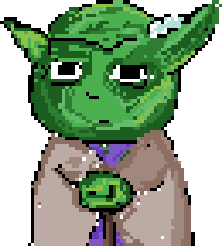 Yoda 桌布 壁紙 — 一個像素藝術風格的尤達，手持綠色光劍，表情疲憊，背景為黑色。
