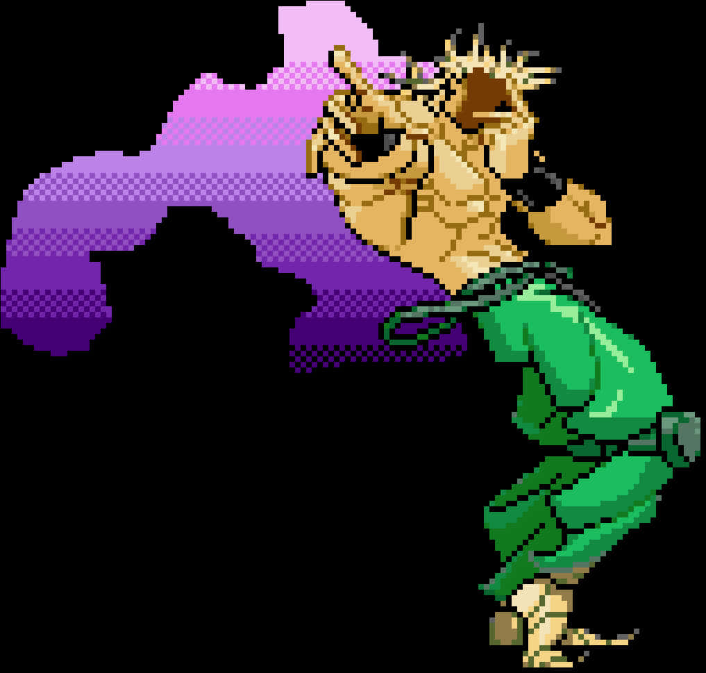 Dio Brando 桌布 壁紙 — 一個像素藝術風格的武術家，身穿綠色道服，身後帶著紫色能量光環，打出強力一拳。