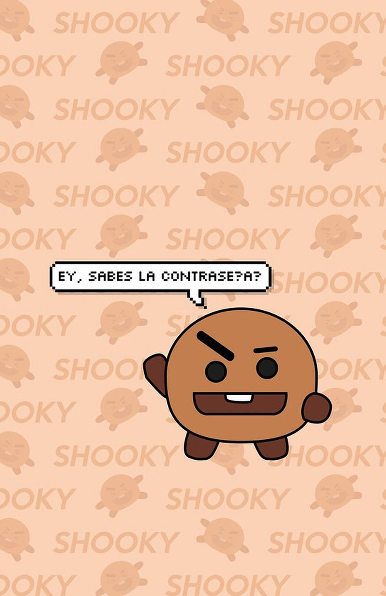 shooky bt21 桌布 壁紙 — 一個像素藝術風格的餅乾角色，帶著憤怒的表情，在重複的「SHOOKY」背景前要求密碼。