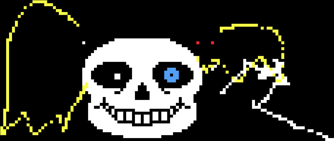 Undertale Sans 桌布 壁紙 — 一個像素藝術骷髏，有一隻藍色眼睛和鋸齒狀黃色輪廓，背景為黑色。