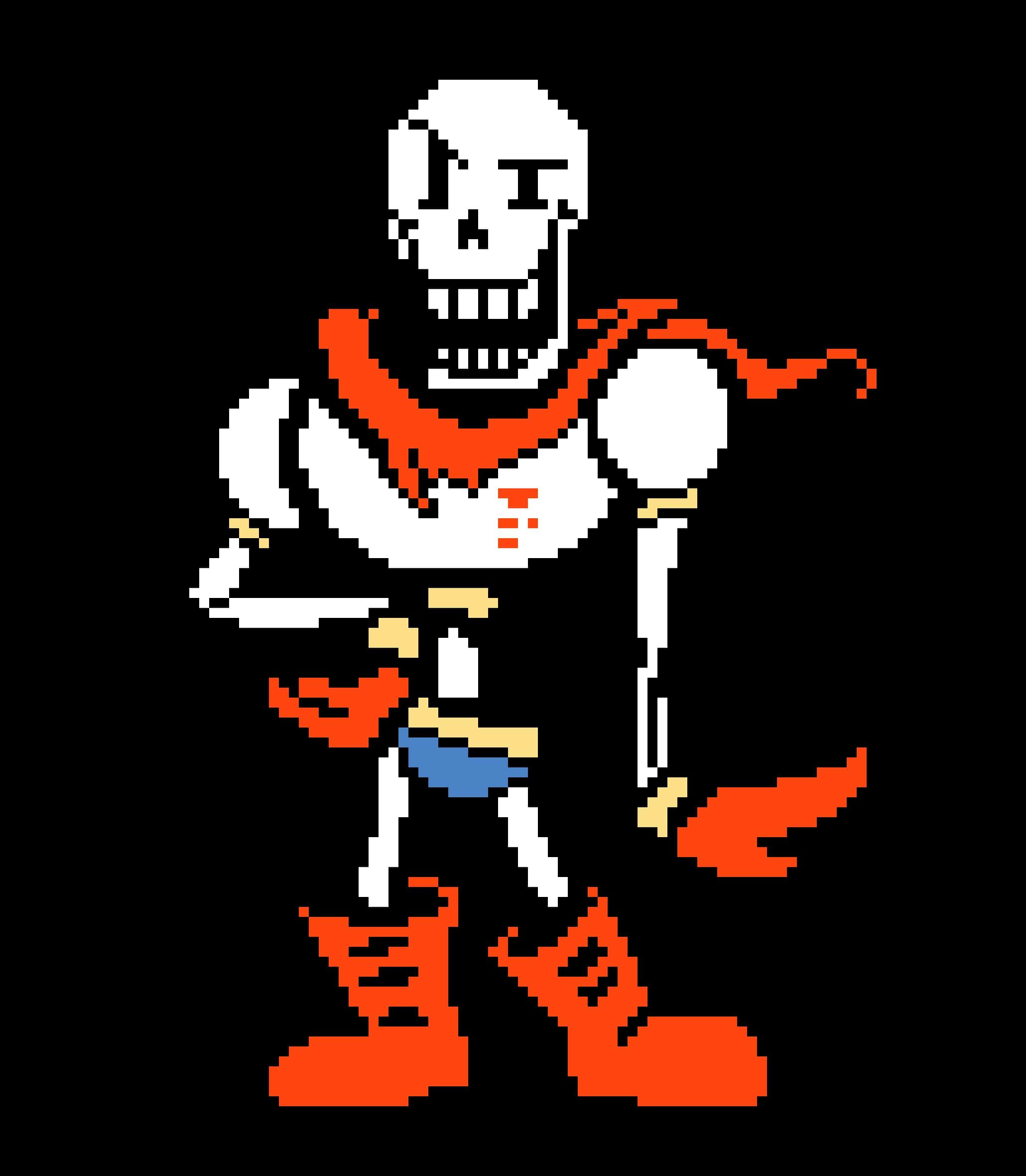 Undertale 桌布 壁紙 — 一個像素藝術骷髏角色，戴著紅色圍巾和靴子，站在黑色背景前。