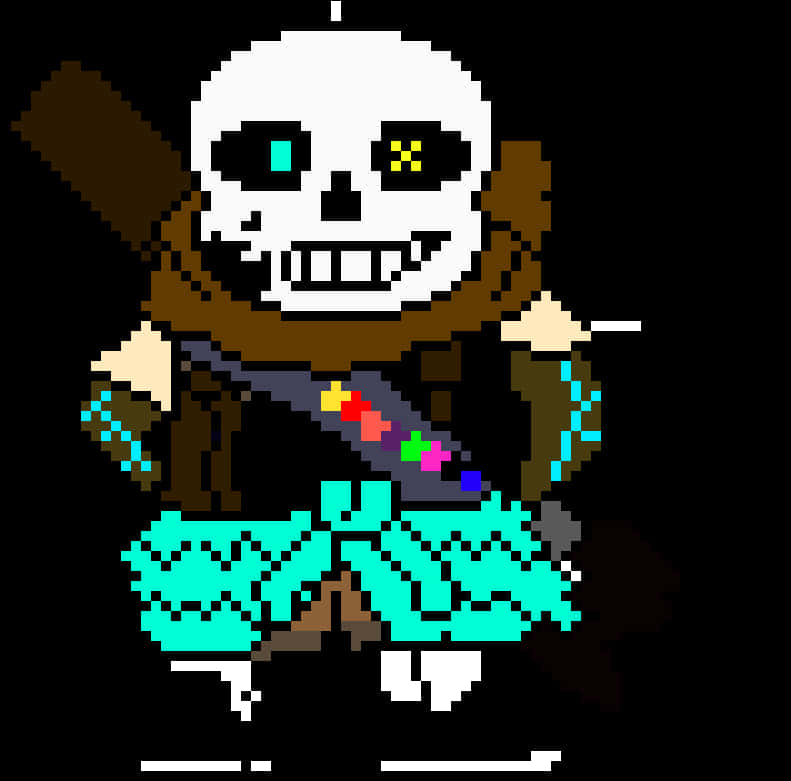 Undertale Sans 桌布 壁紙 — 一個像素藝術骷髏角色，有一隻青色眼睛和一隻黃色眼睛，在黑色背景前揮舞著劍。