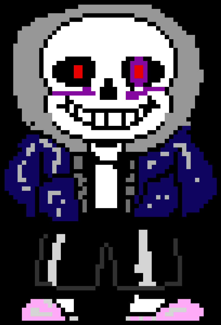 Undertale Sans 桌布 壁紙 — 一個像素藝術骷髏角色，有紅色眼睛、紫色標記和粉紅色鞋子，站在黑色背景前。