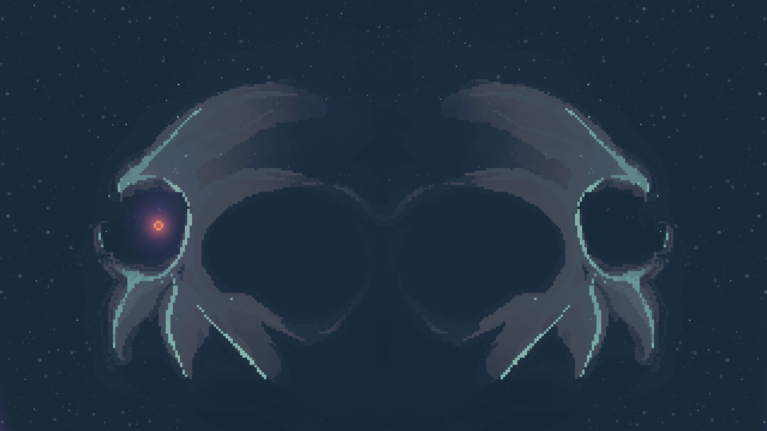 Dark Pixel 桌布 壁紙 — 一個像素藝術骷髏頭，帶有發光的紅色眼睛和青綠色點綴，漂浮在星空夜空前。