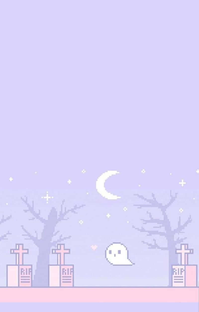 Pastel Halloween 桌布 壁紙 — 一個像素藝術鬼魂在彎月和閃爍星星下，平靜地漂浮在粉彩墓地之上。